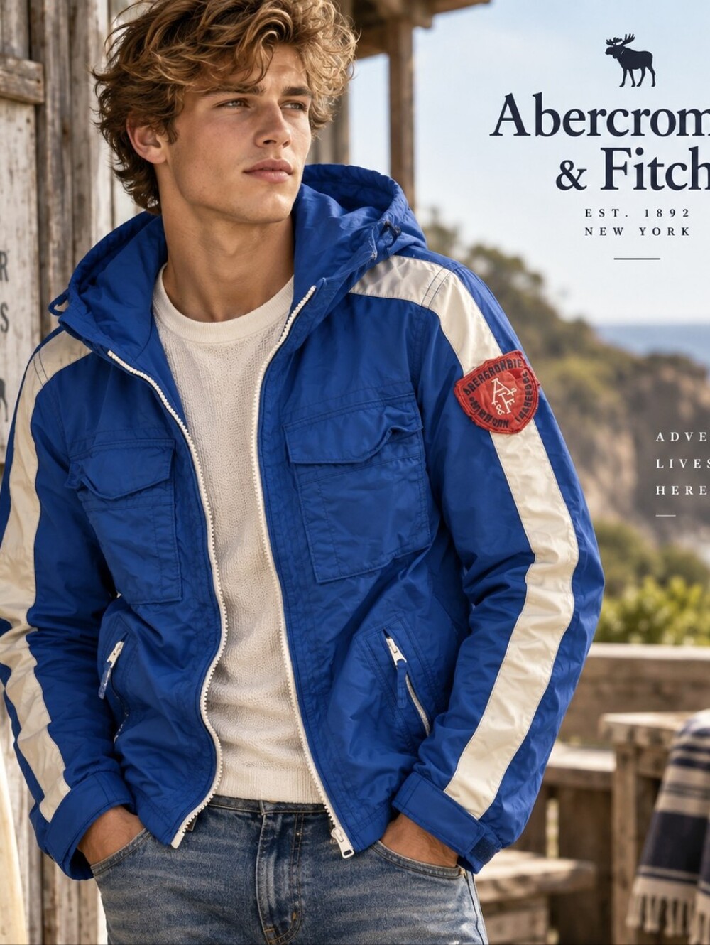 Vintage Mens Abercrombie & Fitch Windbreaker Jacket Hood Grey Peak Blue Medium
